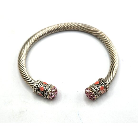 Silver Tone Twist Cuff Bracelet With Pink Rhinestone & Bead Cap - Picture 3 of 5